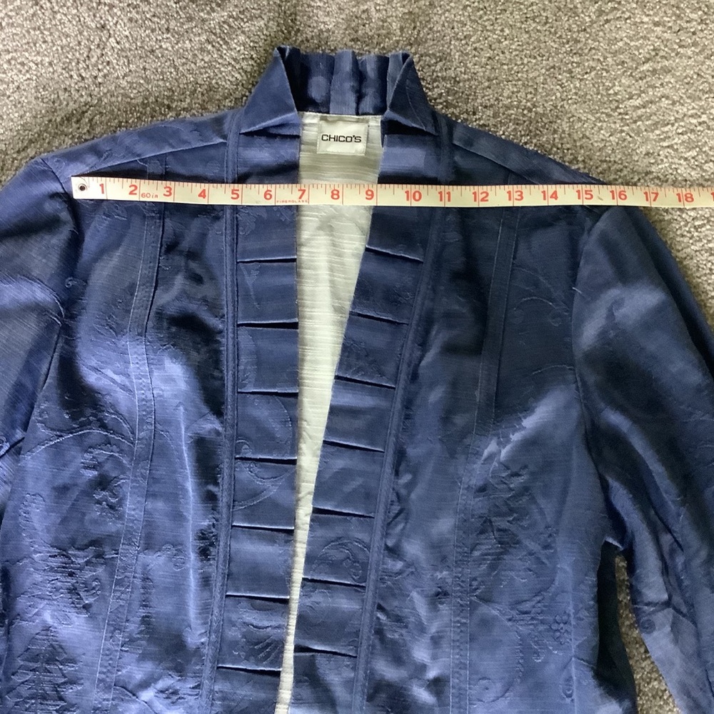 Chico’s Ruffled Jacket Blue Floral Pattern - Picture 6 of 8